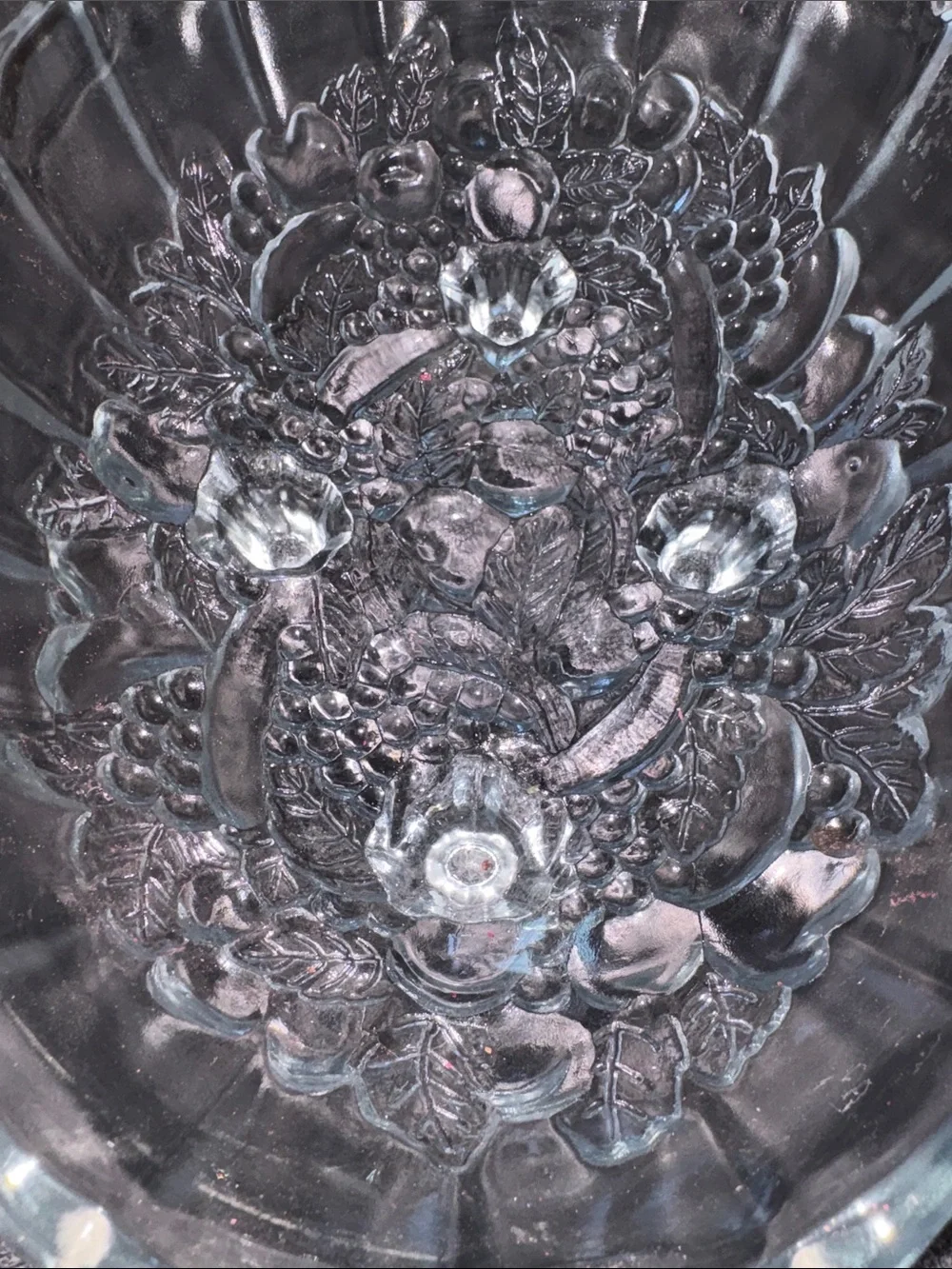 VINTAGE INDIANA Clear Glass Oval Serving Bowl with Fruit Pattern BY SWANKY